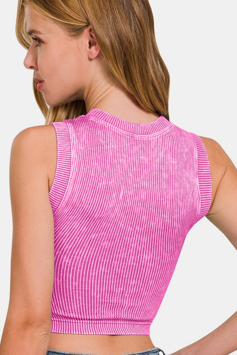 Zenana Washed Ribbed Seamless Crop Tank with Bra Pad Top - Love Salve